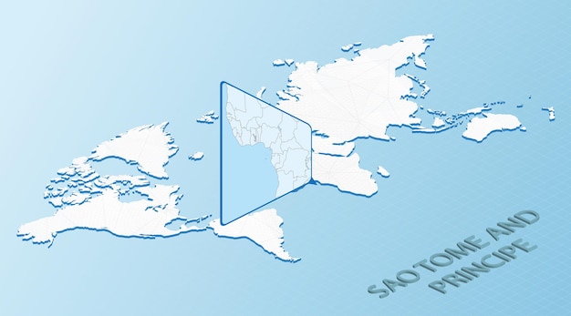 サントメ・プリンシペの詳細な地図を含むアイソメ図スタイルの世界地図抽象的な世界地図を含む水色のサントメ・プリンシペの地図