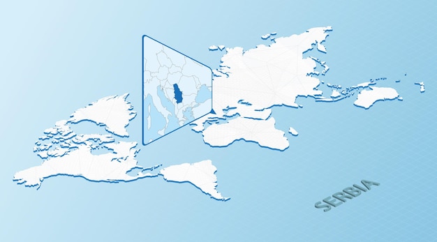 세르비아의 상세한 지도와 함께 이소메트릭 스타일의 세계 지도 추상적인 세계 지도와 함께 밝은 파란색 세르비아 지도