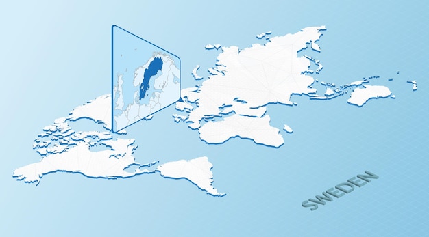 World Map in isometric style with detailed map of Sweden Light blue Sweden map with abstract World Map