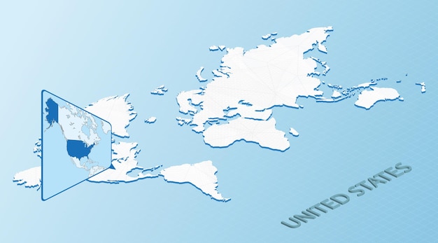 Vettore mappa del mondo in stile isometrico con mappa dettagliata degli stati uniti mappa degli stati uniti in azzurro con mappa del mondo astratta