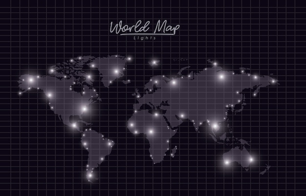 Вектор Мировая карта огней в черном силуэт сетки