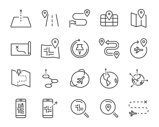 World map line icon set