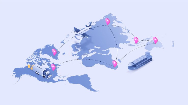 World map logistic tracking process via plane truck and shipping 3D isometric illustration vector