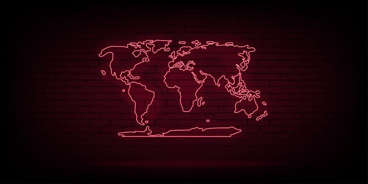 Вектор неоновый свет карты мира на освещенной кирпичной стене. светящаяся лампа континентов иллюстрации.