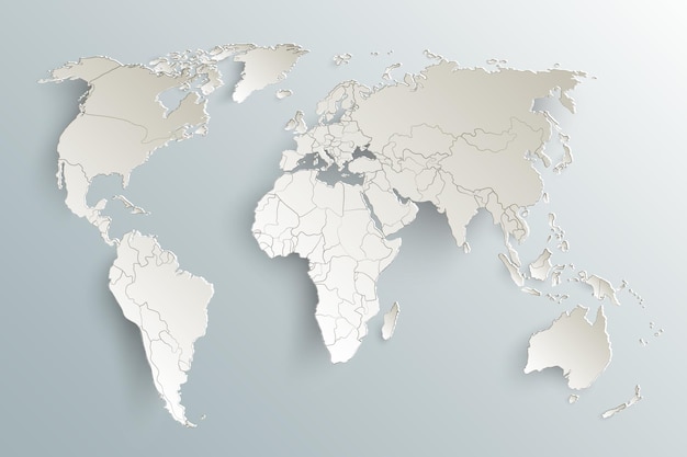 世界地図紙灰色の背景に世界の政治地図