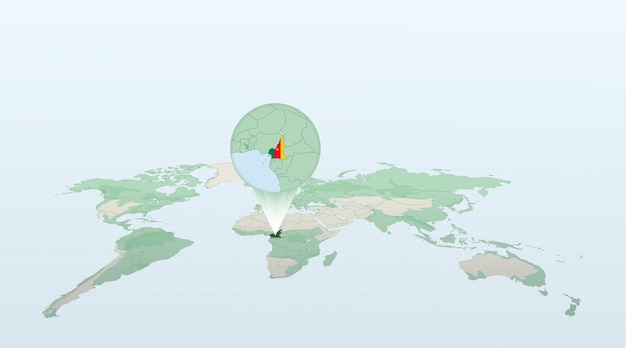 World map in perspective showing the location of the country cameroon with detailed map with flag of cameroon