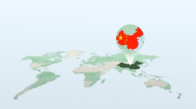 Mappa del mondo in prospettiva che mostra la posizione del paese cina con mappa dettagliata con bandiera della cina