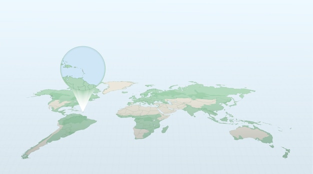 World map in perspective showing the location of the country Dominica with detailed map with flag of Dominica