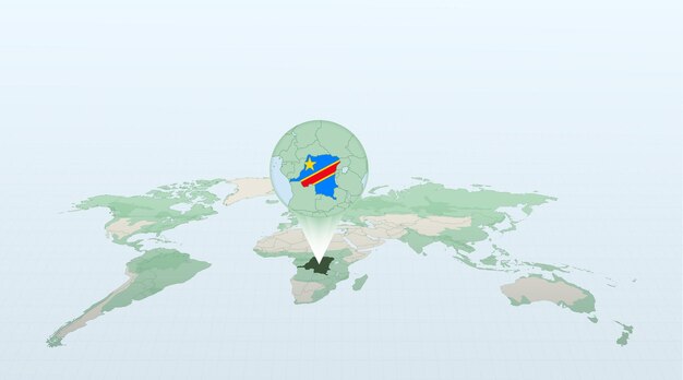 콩고민주공화국의 국기가 있는 상세한 지도가 있는 콩고민주공화국의 위치를 보여주는 원근감 있는 세계 지도