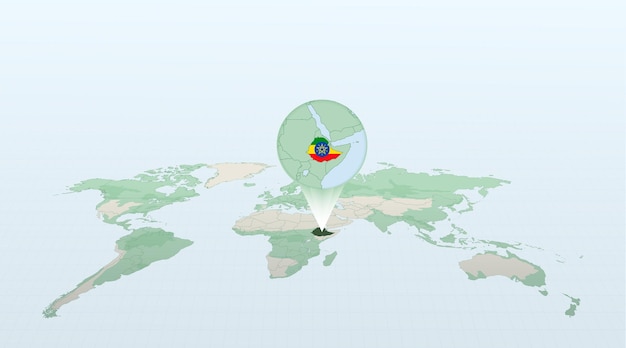 World map in perspective showing the location of the country ethiopia with detailed map with flag of ethiopia