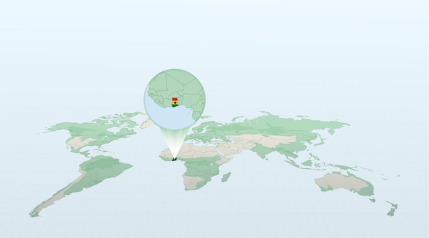 World map in perspective showing the location of the country Ghana with detailed map with flag of Ghana