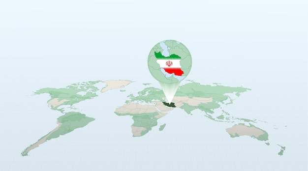 イランの国旗と詳細な地図で国イランの場所を示す遠近法の世界地図