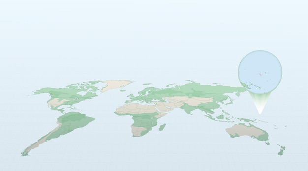Mappa del mondo in prospettiva che mostra la posizione del paese isole marshall con mappa dettagliata con bandiera delle isole marshall