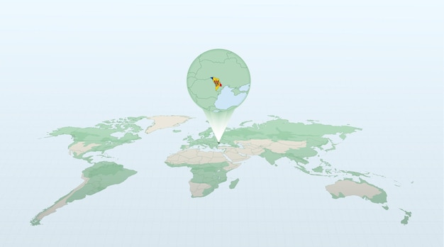 World map in perspective showing the location of the country moldova with detailed map with flag of moldova