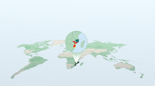 モザンビークの国旗と詳細な地図で国モザンビークの場所を示す遠近法での世界地図