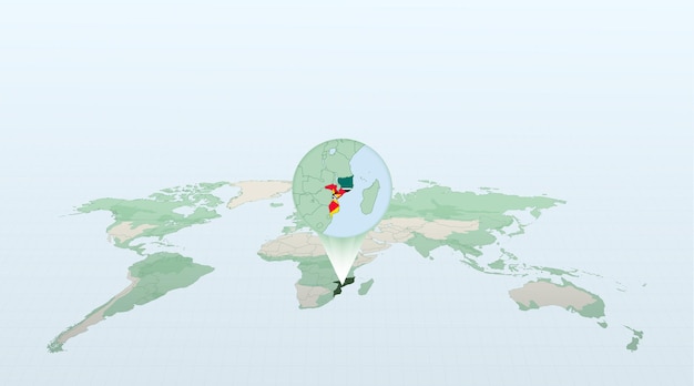 World map in perspective showing the location of the country Mozambique with detailed map with flag of Mozambique