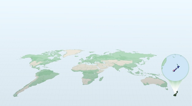 Карта мира в перспективе, показывающая расположение страны Новая Зеландия с подробной картой с флагом Новой Зеландии