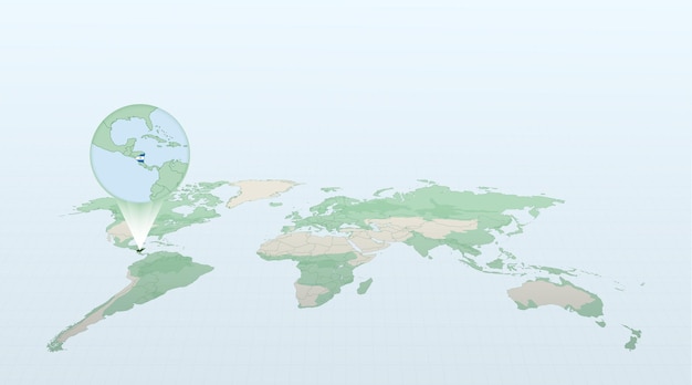 World map in perspective showing the location of the country Nicaragua with detailed map with flag of Nicaragua