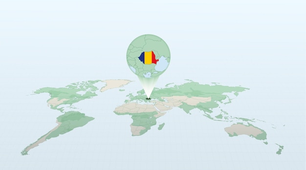 Карта мира в перспективе, показывающая расположение страны Румыния с подробной картой с флагом Румынии