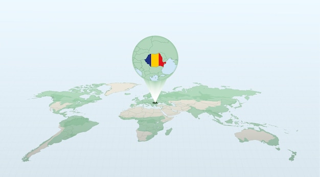 World map in perspective showing the location of the country Romania with detailed map with flag of Romania