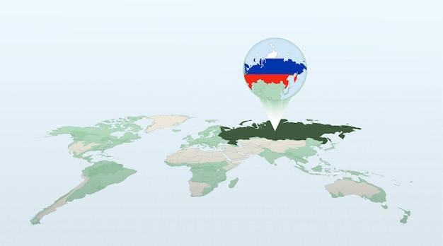 ロシアの国旗と詳細な地図で国ロシアの場所を示す遠近法の世界地図