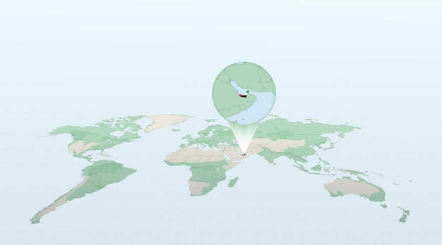 World map in perspective showing the location of the country United Arab Emirates with detailed map with flag of United Arab Emirates