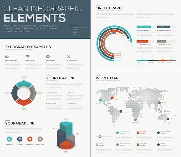 World map and pie chart data visualization vector infographics