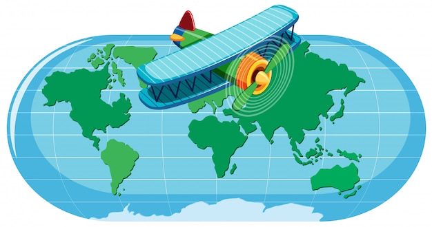 Vettore una mappa del mondo e un aereo