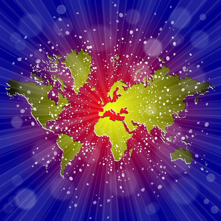 Vector world map political map of the world on a bright colorful background globe sun rays bright yellow