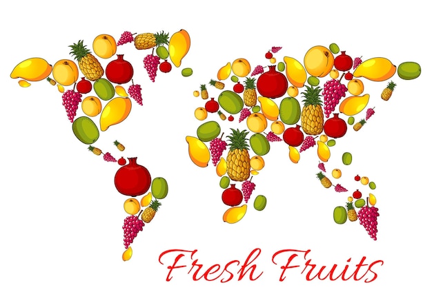 Vector world map of vector fresh fruits