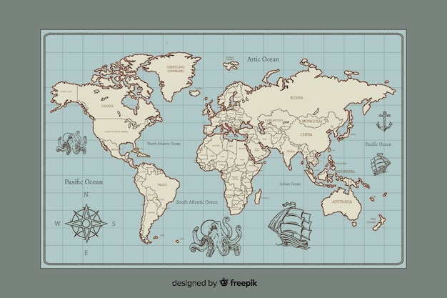 世界地図のビンテージデジタルデザイン