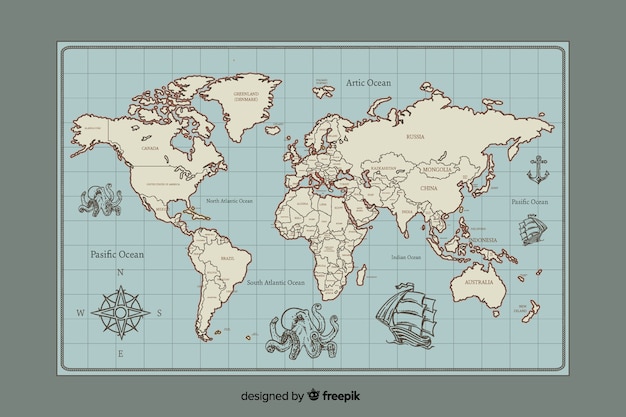 Vector world map  vintage digital design