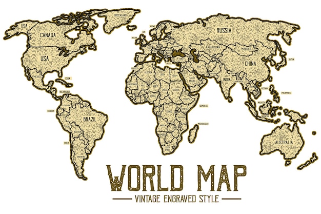 Mappa del mondo in stile vintage, mappa del globo in stile inciso