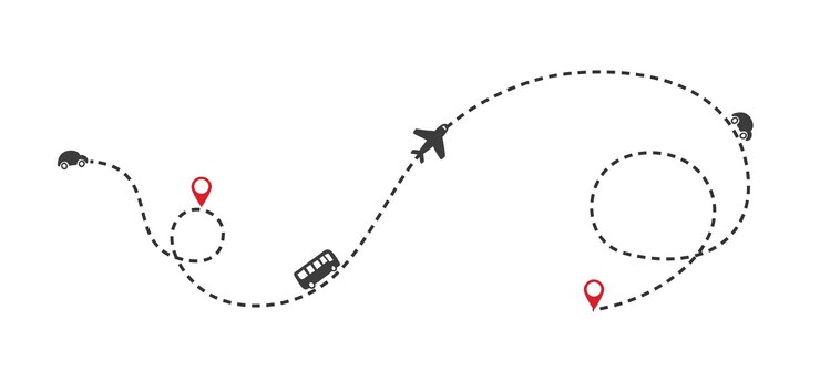 World map whit dashed trace line and airplanes flying, bus driving. Travel concept.