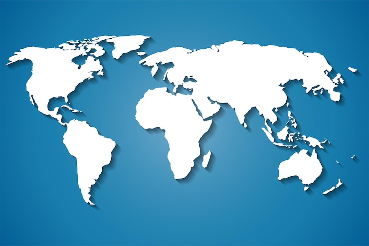 Vector world map white silhouette with shadow on light blue gradient background