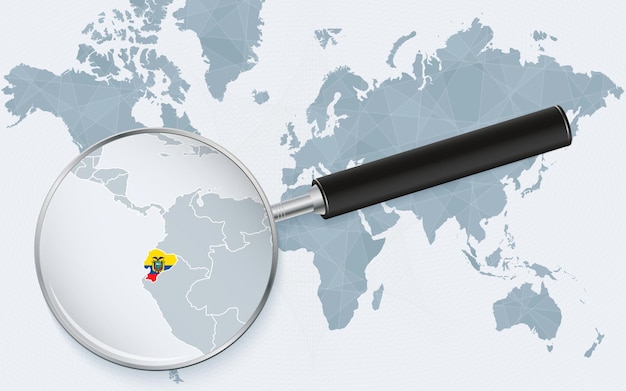 Вектор Карта мира с увеличительным стеклом, указывающим на эквадор карта эквадора с флагом в петле