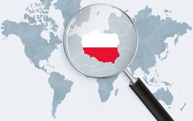 폴란드를 가리키는 돋보기가 있는 세계 지도 루프에 깃발이 있는 폴란드 지도