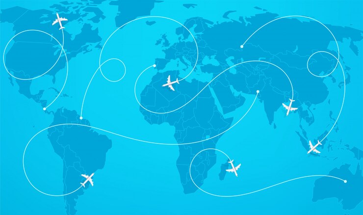 Vector 航空機のパスのベクトル図と世界地図