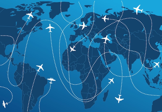 航空機の進路を含む世界地図