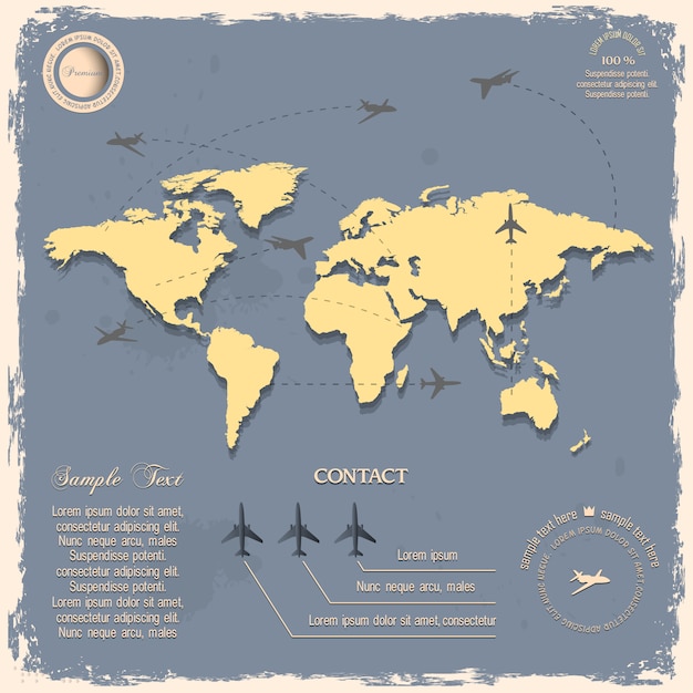 Mappa del mondo con velivoli per in stile vintage