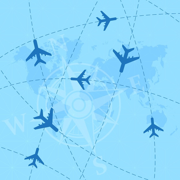 Vector world map with airplanes background