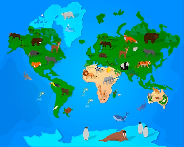 Вектор Карта мира с животными и растениями