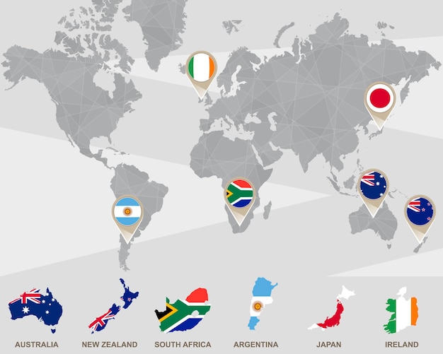 Vettore mappa del mondo con puntatori di australia, nuova zelanda, sud africa, argentina, giappone, irlanda. illustrazione di vettore.