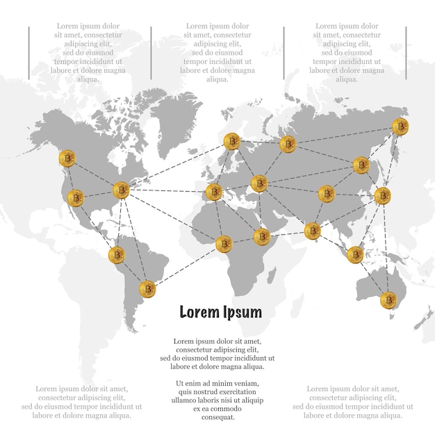 Vector world map with bitcoin net