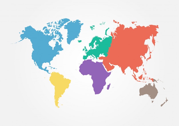 矢量世界地图与大陆在不同的颜色