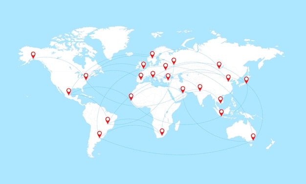 World map with countries borders and red location pointers.