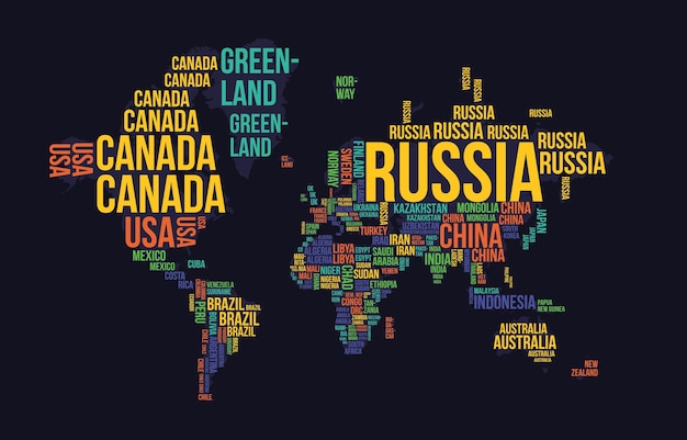 Vettore mappa del mondo con il nome del paese come forma del paese su sfondo nero