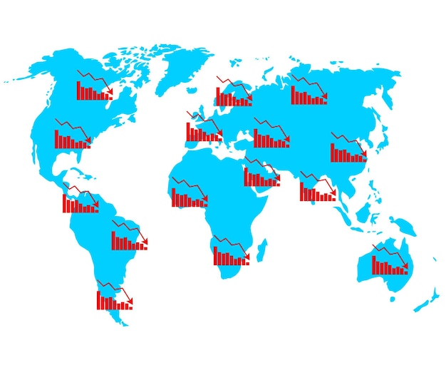 Mappa del mondo con grafico del declino crisi globale e recessione