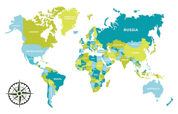 ベクトル 分割された6つの大陸の異なる色の世界地図