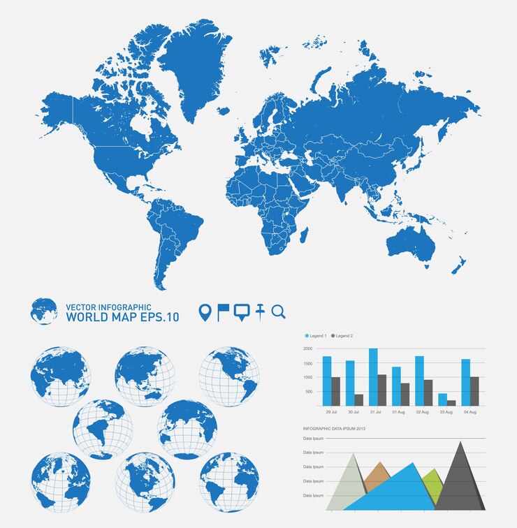 Vector world map with earth globes